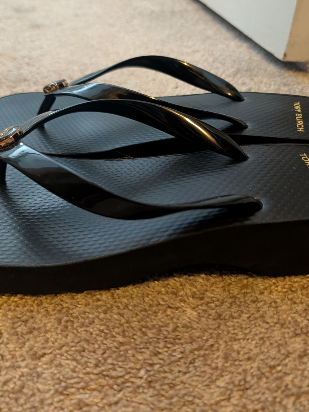 Tory Burch Black Jelly Flip Flops with Gold Logo - Picture 2 of 4
